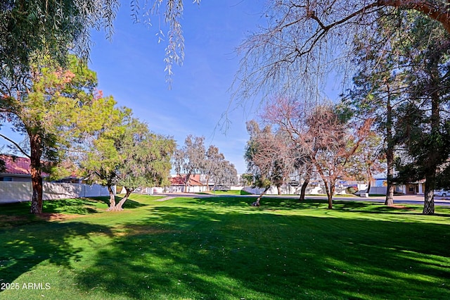 view of property's community featuring fence and a lawn