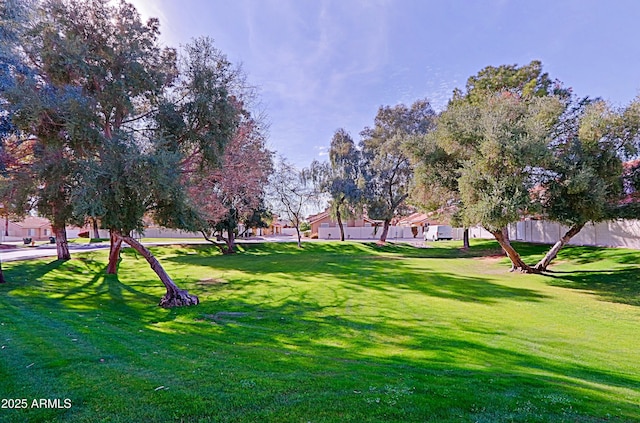 view of community featuring fence and a lawn