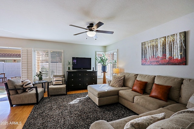 living room with a ceiling fan, a textured ceiling, and wood finished floors