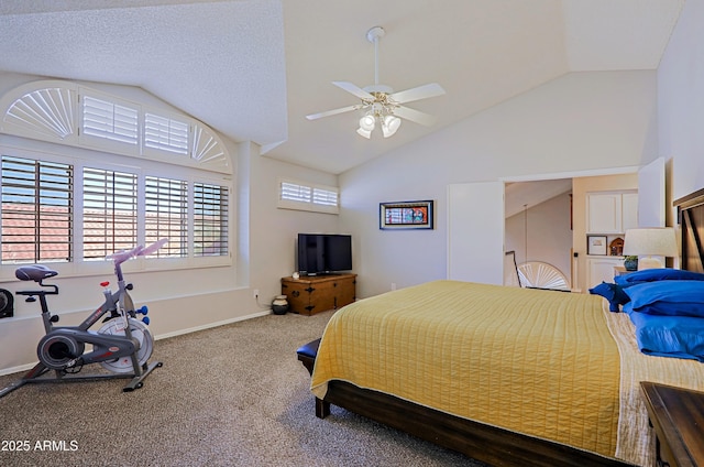 bedroom featuring lofted ceiling, carpet flooring, ceiling fan, a textured ceiling, and baseboards