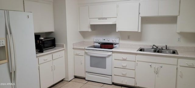 kitchen featuring white appliances, light tile patterned floors, white cabinetry, and sink