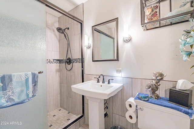 bathroom with sink, a shower with door, and toilet