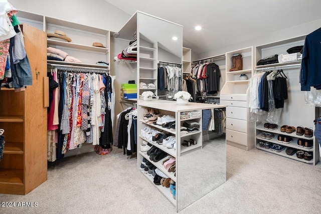 walk in closet with light carpet