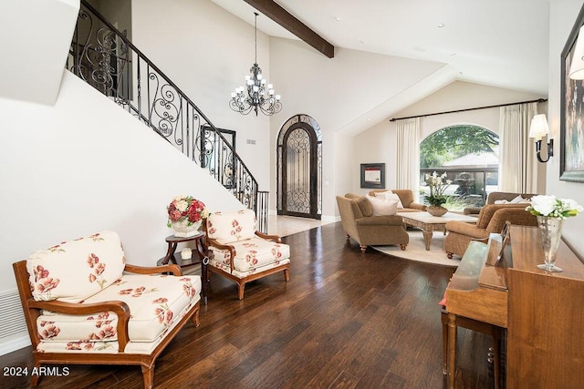 living area with high vaulted ceiling, hardwood / wood-style floors, beamed ceiling, and a notable chandelier