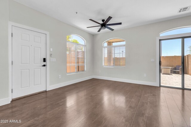 1350 S Greenfield Rd Unit 1166, Mesa, AZ 85206 - entryway with dark wood-style floors, a ceiling fan, and baseboards