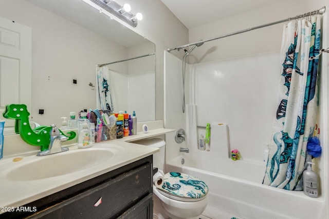 full bathroom with shower / bath combo, toilet, and vanity