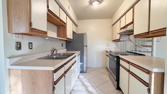 kitchen featuring sink, electric range oven, and white cabinets