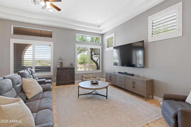 16246 E Gamble Ln, Scottsdale, AZ 85262 - living area with a ceiling fan, recessed lighting, and a high ceiling