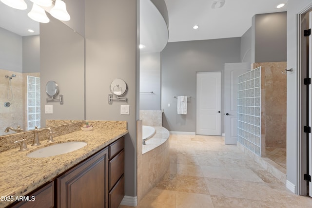 16246 E Gamble Ln, Scottsdale, AZ 85262 - bathroom featuring a walk in shower, vanity, a garden tub, tile patterned flooring, and recessed lighting