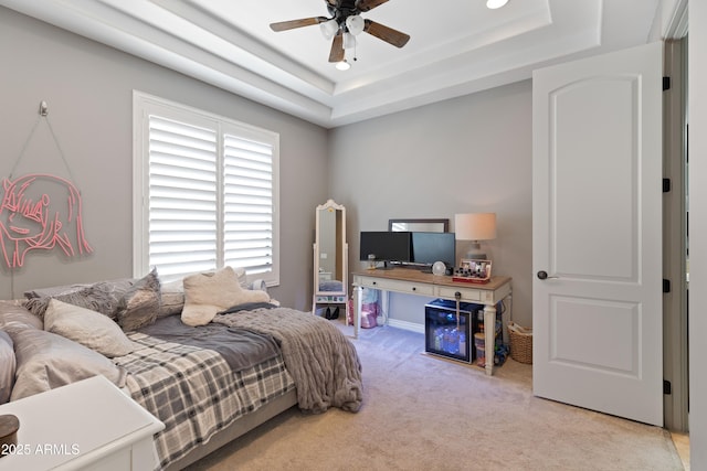 16246 E Gamble Ln, Scottsdale, AZ 85262 - carpeted bedroom featuring a raised ceiling, recessed lighting, and ceiling fan
