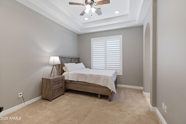 16246 E Gamble Ln, Scottsdale, AZ 85262 - bedroom featuring light colored carpet, ceiling fan, recessed lighting, and a tray ceiling