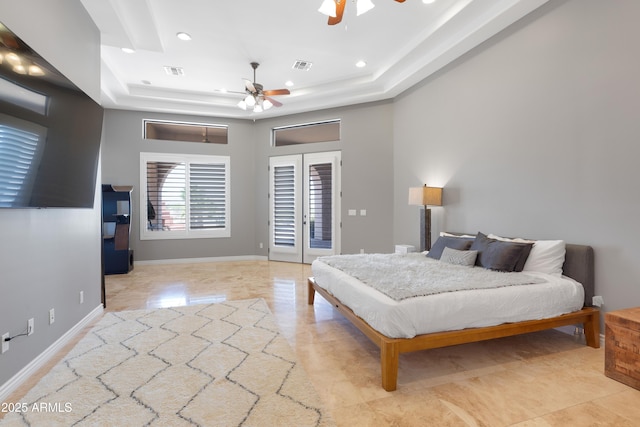 16246 E Gamble Ln, Scottsdale, AZ 85262 - bedroom featuring a tray ceiling, access to exterior, ceiling fan, and recessed lighting