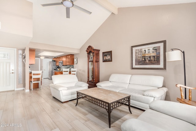 living room featuring light hardwood / wood-style floors, high vaulted ceiling, beam ceiling, and ceiling fan