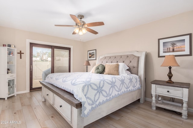 bedroom with light hardwood / wood-style flooring, access to outside, and ceiling fan