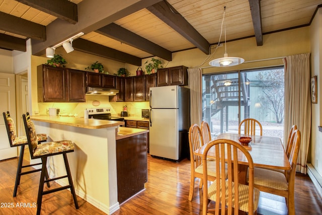 4575 Resort Loop Unit 6, Pinetop, AZ 85935 - kitchen with freestanding refrigerator, stainless steel electric range, wood ceiling, under cabinet range hood, and light countertops
