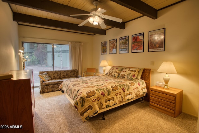 4575 Resort Loop Unit 6, Pinetop, AZ 85935 - carpeted bedroom featuring access to exterior, wooden ceiling, beam ceiling, and ceiling fan