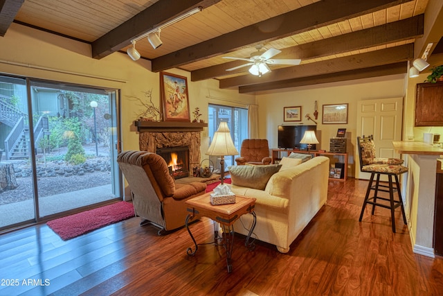 4575 Resort Loop Unit 6, Pinetop, AZ 85935 - living room featuring wood ceiling, healthy amount of natural light, dark wood-style floors, a stone fireplace, and beamed ceiling