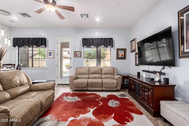 800 W Sycamore Ct, Litchfield Park, AZ 85340 - living room with tile patterned flooring, recessed lighting, a ceiling fan, and visible vents