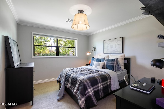 bedroom featuring visible vents, baseboards, carpet flooring, and ornamental molding