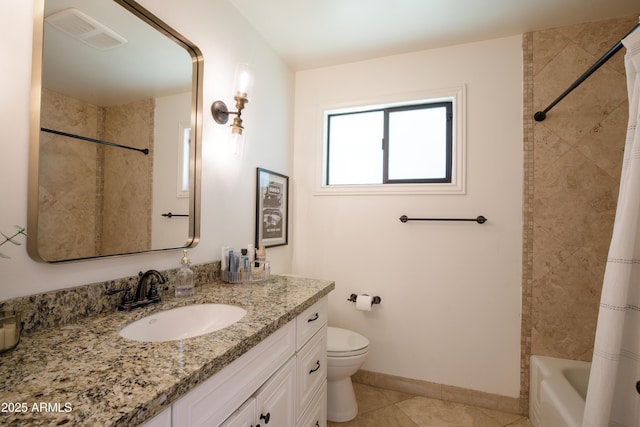full bath with tile patterned floors, toilet, baseboards, visible vents, and vanity