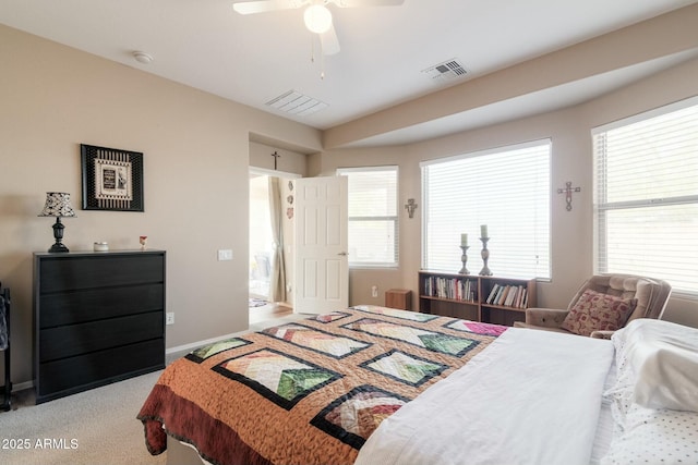 carpeted bedroom featuring ceiling fan