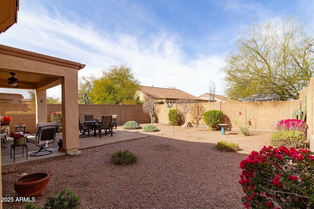 view of yard featuring ceiling fan and a patio area