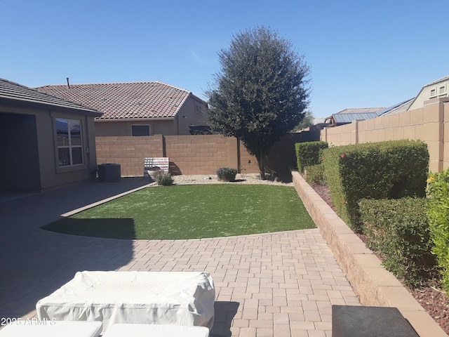 view of yard featuring a patio area and a fenced backyard