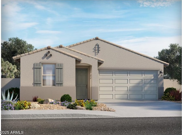 view of front of home featuring a tile roof, stucco siding, an attached garage, and concrete driveway