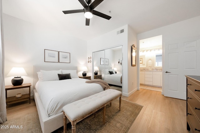 920 E Devonshire Ave Unit 4004, Phoenix, AZ 85014 - bedroom with light wood-style floors, a closet, ensuite bath, and a ceiling fan