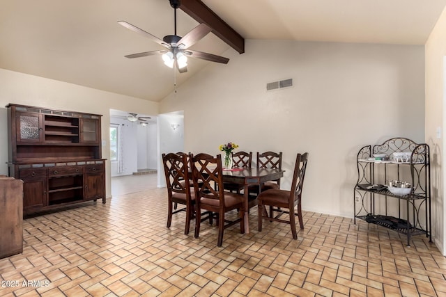 dining area featuring brick floor, visible vents, lofted ceiling with beams, and ceiling fan