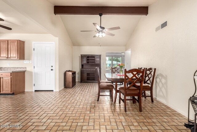 dining area featuring visible vents, baseboards, beamed ceiling, and ceiling fan