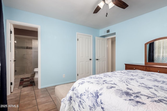 bedroom with visible vents, baseboards, a closet, a ceiling fan, and light tile patterned flooring