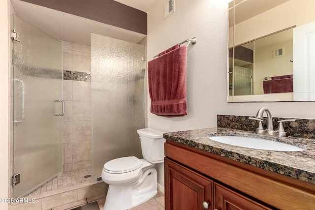 full bathroom with a shower stall, tile patterned flooring, visible vents, and toilet