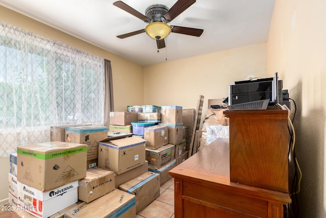 storage area featuring ceiling fan