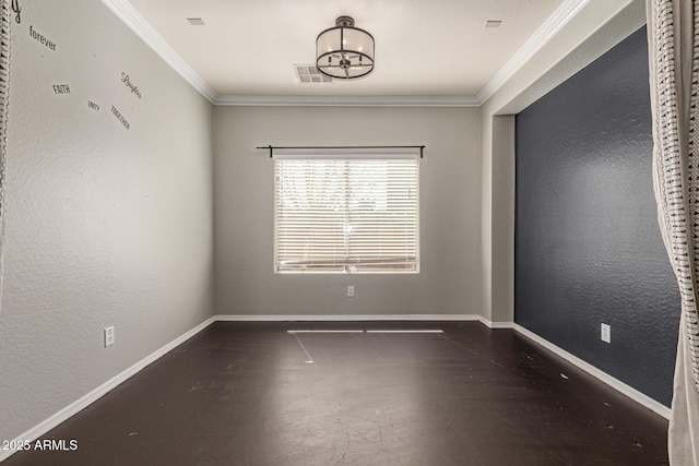 unfurnished room with a textured wall, baseboards, and ornamental molding