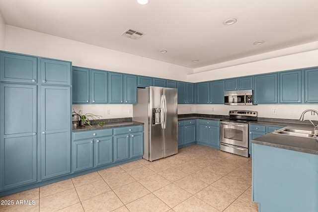 kitchen with dark countertops, visible vents, blue cabinetry, stainless steel appliances, and a sink