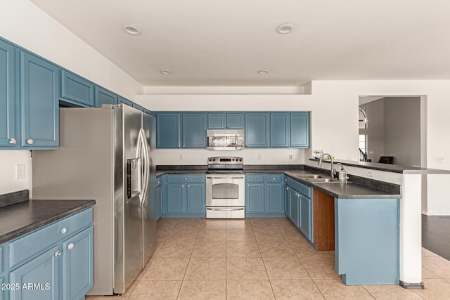 kitchen with a peninsula, a sink, stainless steel appliances, dark countertops, and blue cabinets