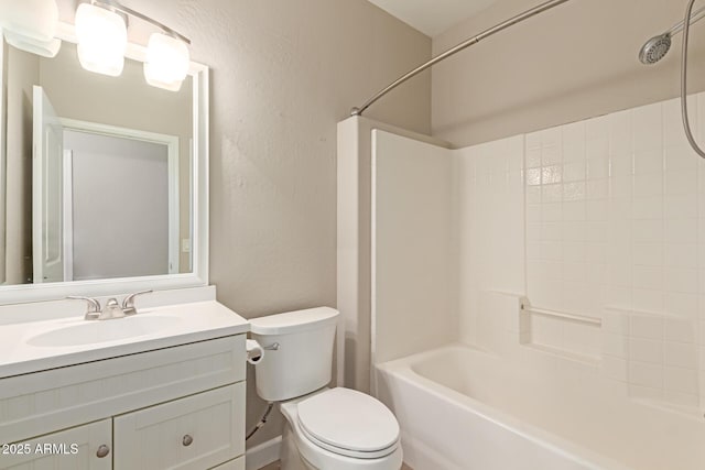 full bathroom with shower / bathtub combination, a textured wall, vanity, and toilet