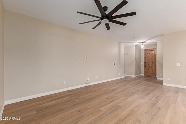 unfurnished room featuring ceiling fan, light wood-style flooring, and baseboards