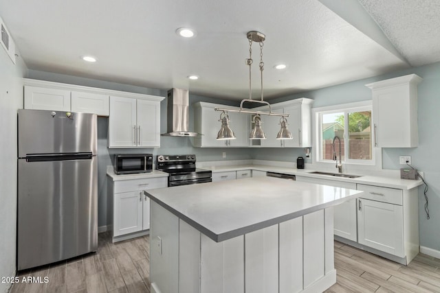 8051 W Mariposa Dr, Phoenix, AZ 85033 - kitchen featuring appliances with stainless steel finishes, wall chimney exhaust hood, a sink, white cabinetry, and light countertops