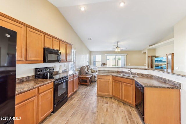 kitchen with sink, lofted ceiling, ceiling fan, light hardwood / wood-style flooring, and black appliances