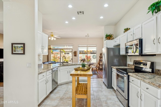 kitchen featuring white cabinets, a peninsula, stainless steel appliances, a sink, and recessed lighting