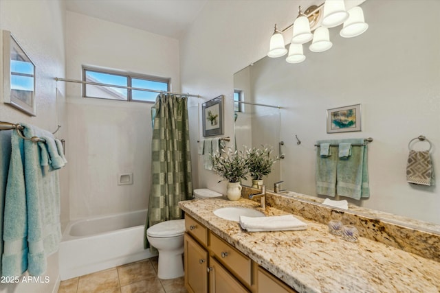 full bathroom with vanity, tile patterned floors, shower / bath combination with curtain, and toilet