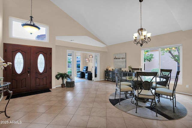1292 N Renee Ave, Gilbert, AZ 85234 - foyer featuring high vaulted ceiling, a chandelier, light tile patterned floors, and baseboards