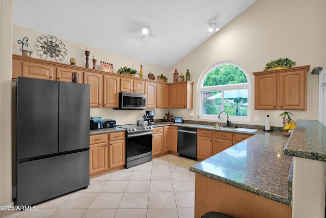 1292 N Renee Ave, Gilbert, AZ 85234 - kitchen with appliances with stainless steel finishes, a sink, high vaulted ceiling, light tile patterned flooring, and a peninsula