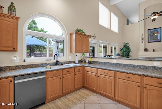 1292 N Renee Ave, Gilbert, AZ 85234 - kitchen featuring stainless steel dishwasher, a high ceiling, light tile patterned floors, a ceiling fan, and a sink