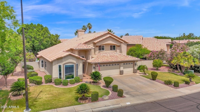 1292 N Renee Ave, Gilbert, AZ 85234 - mediterranean / spanish-style home featuring a tiled roof, stucco siding, an attached garage, and a front lawn