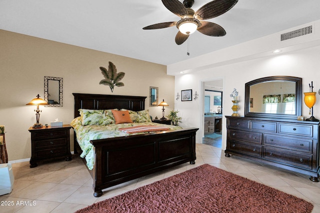 1292 N Renee Ave, Gilbert, AZ 85234 - bedroom with light tile patterned floors, recessed lighting, ensuite bath, and a ceiling fan