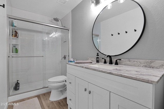 1292 N Renee Ave, Gilbert, AZ 85234 - bathroom with toilet, vanity, wood finished floors, and a shower stall