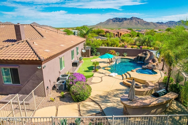 9845 E Inglewood St, Mesa, AZ 85207 - view of swimming pool with a patio area, a fenced backyard, a mountain view, and central air condition unit